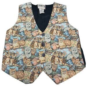 VTG 90s Ignite Petite Tapestry Cat Print Buttoned Vest Sz L Granny Library Twee
